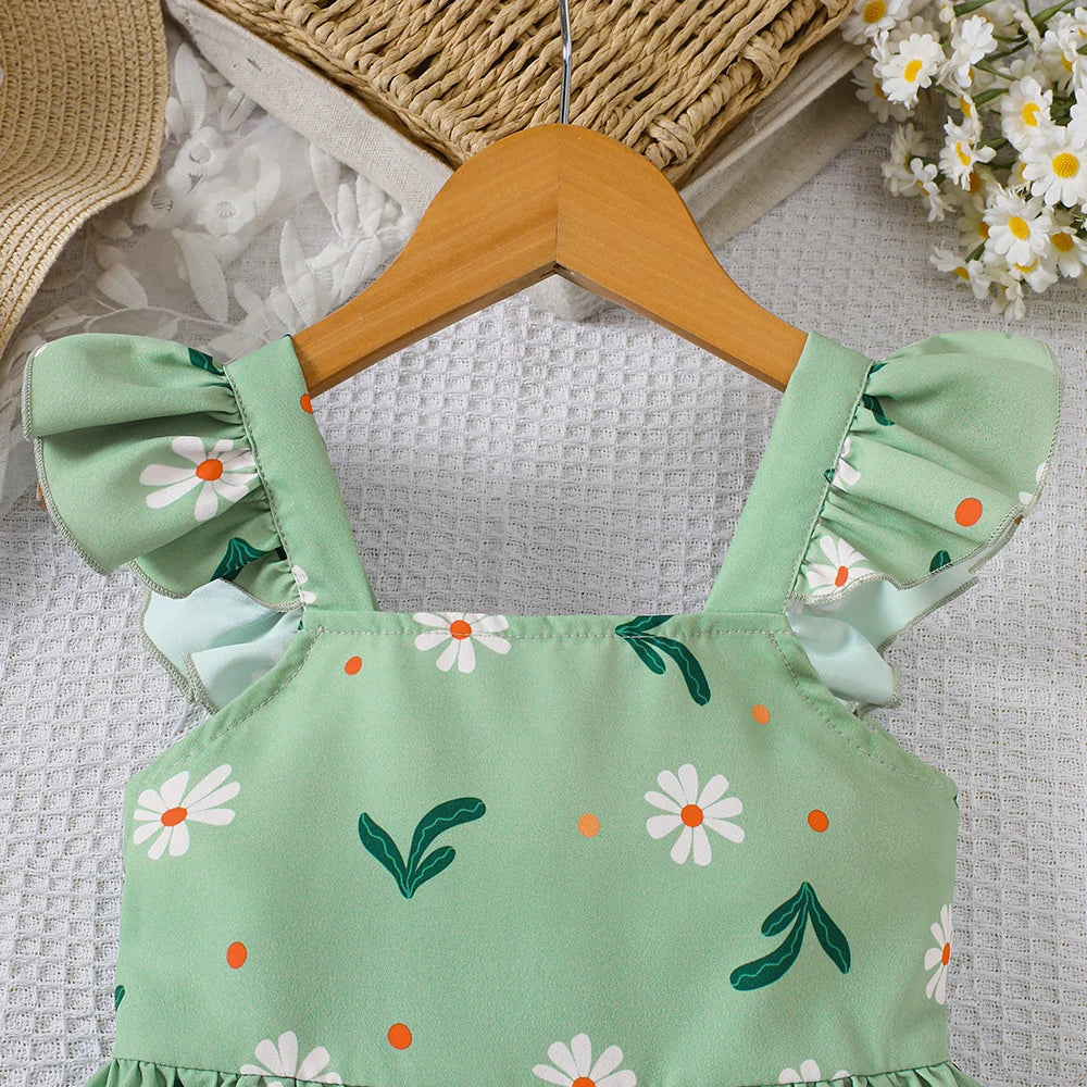 Girls' summer style small fly sleeve plant print dress